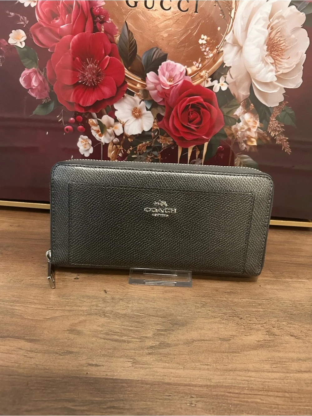 COACH Metallic Gun Metal Grey Pebbled Leather Wallet